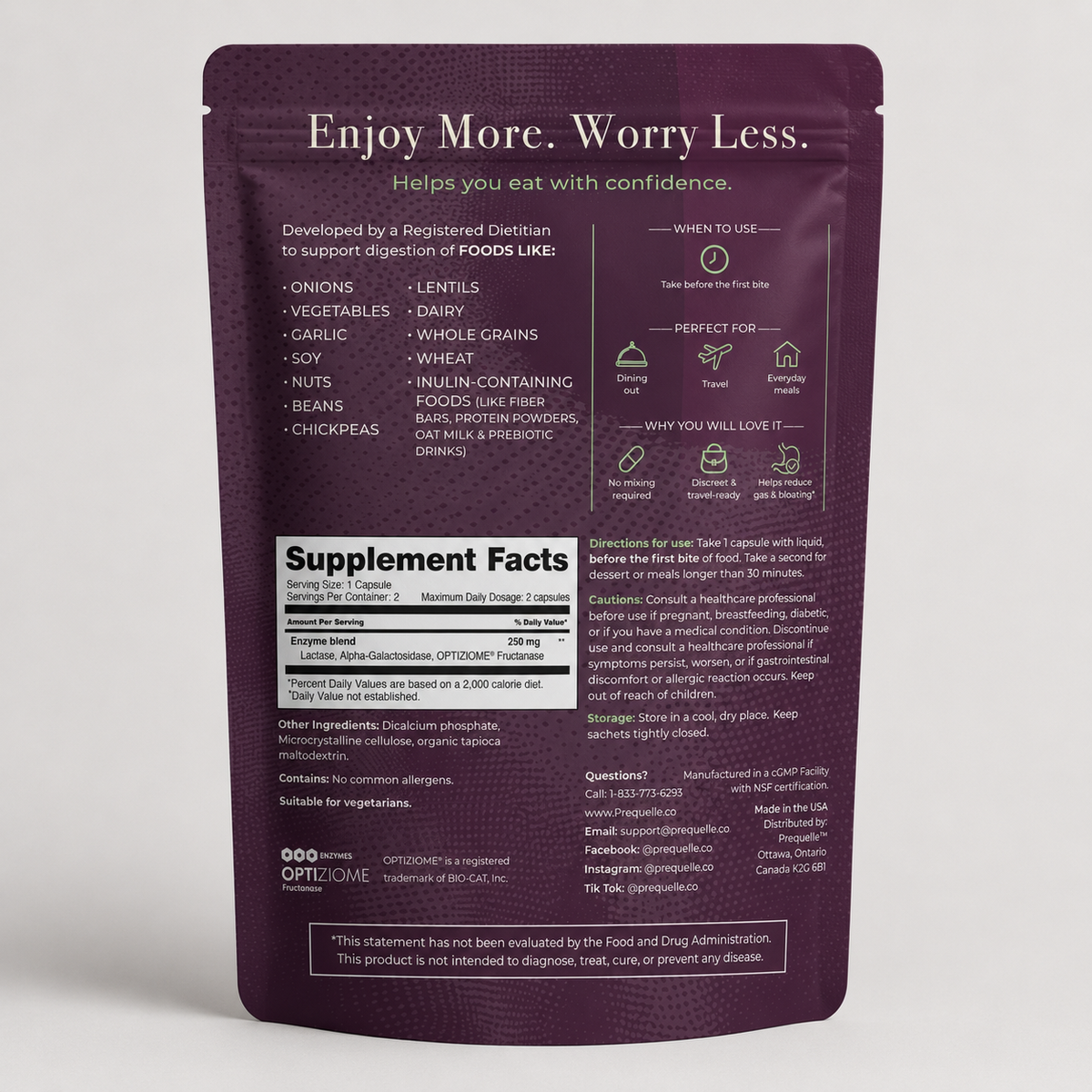 Back of the Prequelle digestive enzyme capsule pouch, showing supplement facts.