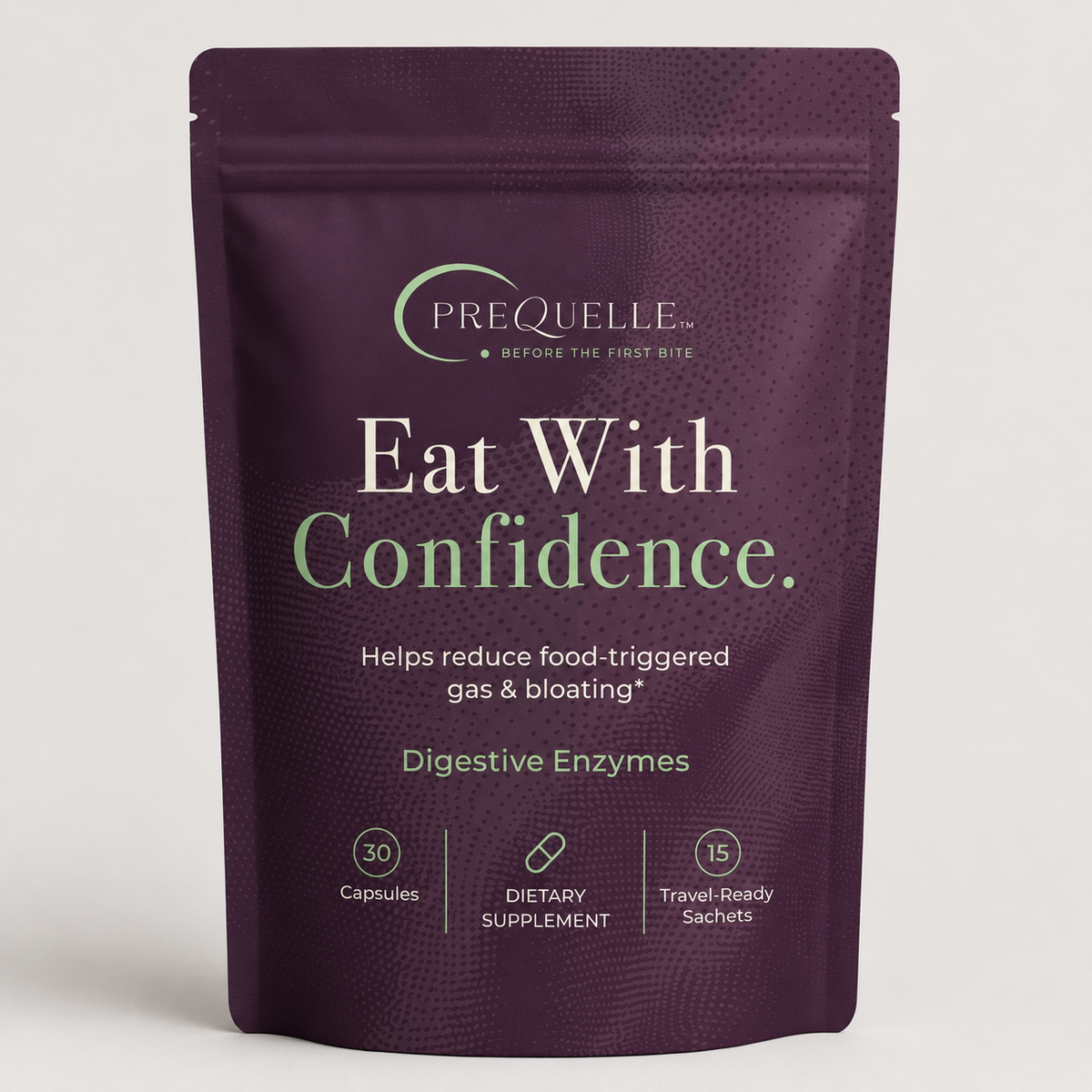 Front of the Prequelle digestive enzyme capsule pouch.